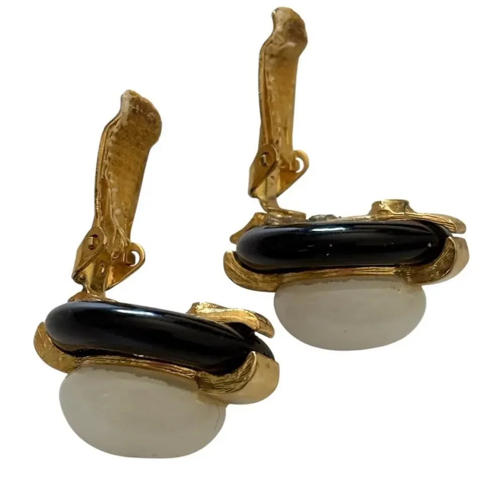KENNETH J.L. Earrings, Gold tone, Black Enamel and White Faux Pearl, Clip on